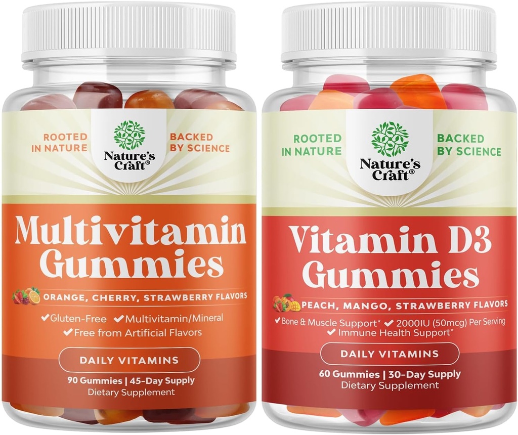 Bundle of Multivitamin Gummies for Adults - Halal Multivitamin Gummy with B12 Biotin for Men &amp; Women and Vitamin D3 Gummies for Daily Wellness with 2000IU per Serving Bone Muscle & Immune Support