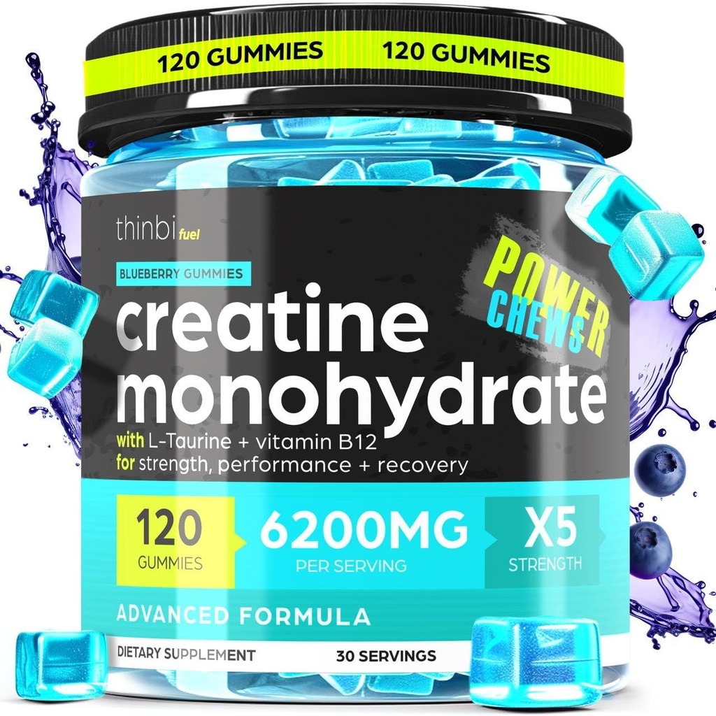 Cretina Monohidrato Gummies Complejo 6200mg para Hombres &amp; Mujeres - 120 Gummies Fórmula avanzada W/L-Taurina + Vitamina B12 para Estrés muscular, constructor de músculos, toma de energía