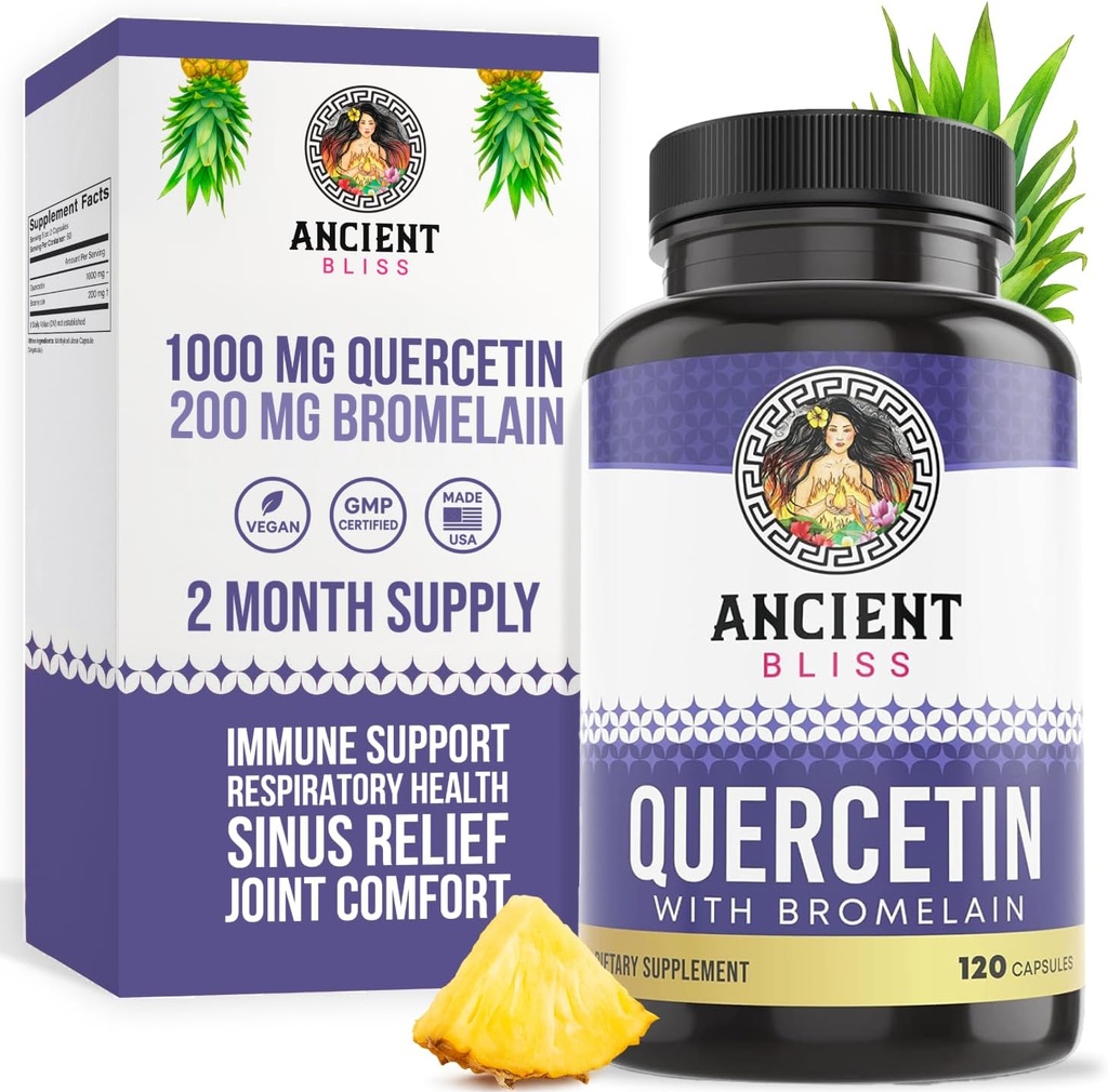 La antigua Bliss Quercetin con Bromelain ← Quercetin 1000mg Bromelain 200mg por servir ¦ apoya el sistema inmunológico, salud conjunta, salud respiratoria " bienestar general - 120 cápsulas