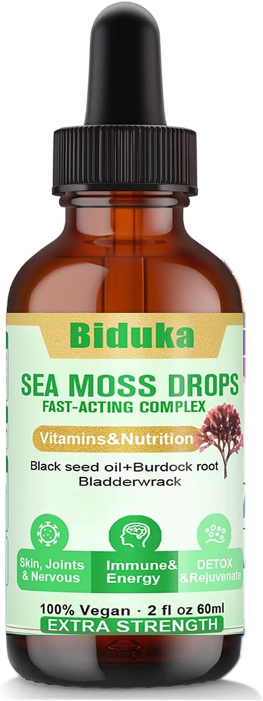 El Moss del Mar Irlandés deja caer semillas negras Aceite, Bladderwrack, Burdock Root, Vitamina C y Zinc, Multimineral Drops Seamoss Suplemento para Immune, Joint, Digestion, Aging Support