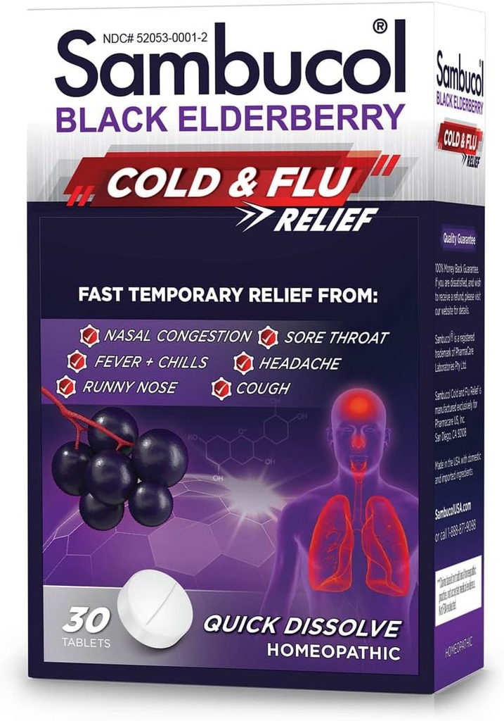 Sambucol Cold and Flu Relief Tablets - Homeopática de Medicina Fría, Remedio frío para adultos, Black Elderberry for Colds, Zinc Cold Remedy - 30 Conde