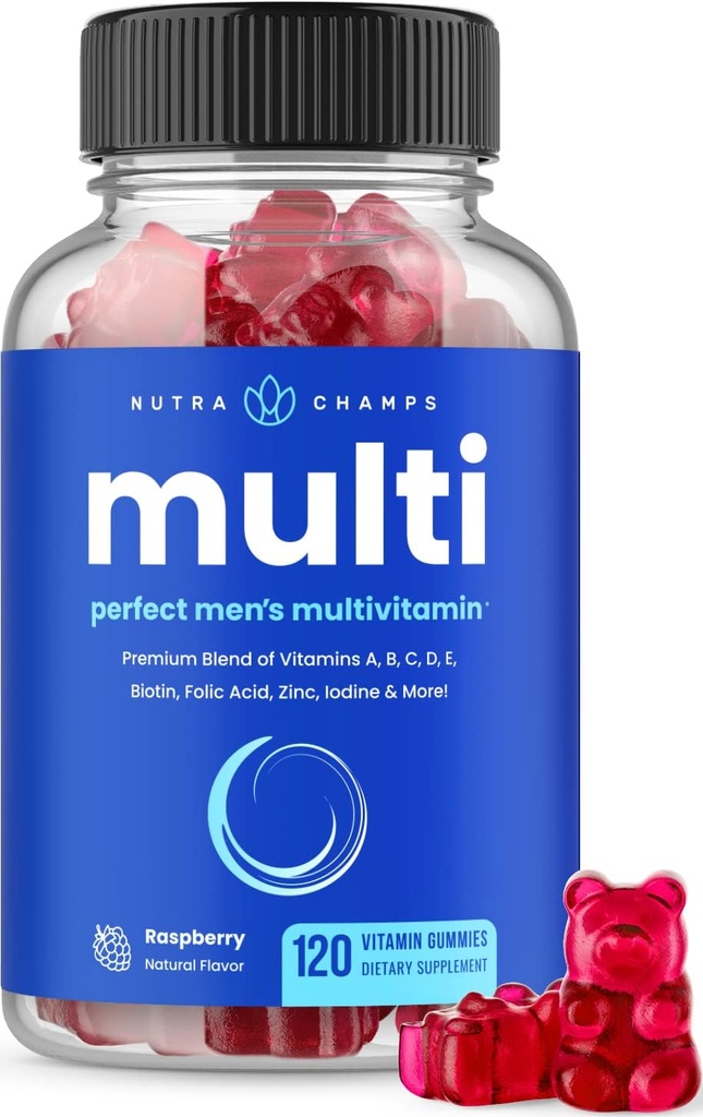 NutraChamps Multivitamínico para Hombres 14+ Silencio Mens Multivitamin Gummies, 120 Conteo Ø Vitaminas A, B, C, D, E, Biotina, Zinc ANTE Mens Gummy Multivitamins Suplemento ← Chewable Daily Multi Gummy Vitaminas para Hombre