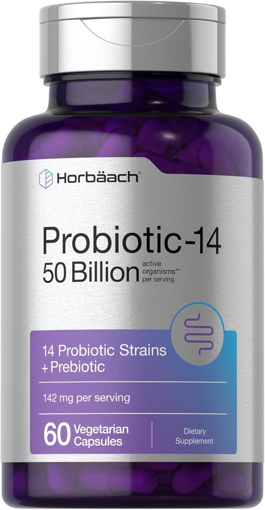 Horbaach Probióticos para Mujeres y Hombres TENIDO 60 cápsulas TEN 14 Estrechos Probióticos con Prebiótico Silencio 50 Billion Organisms Activos ← Non-GMO &amp; Gluten Free Supplement