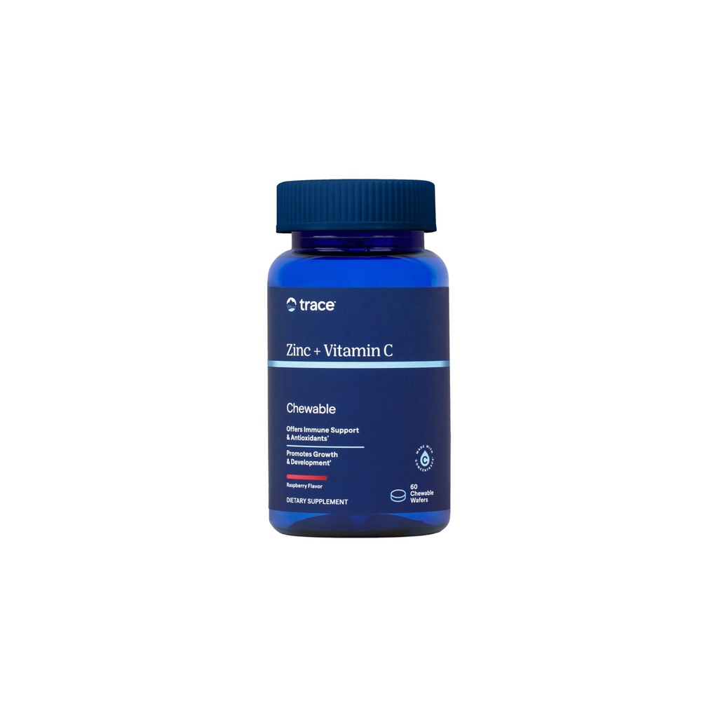 Trace Minerals Zinc + Vitamin C - Chewable Wafers for Immunity & Antioxidant Support - Healthy Development - Enzyme Function - Full Spectrum of Ionic Minerals - Raspberry - 60 Servings