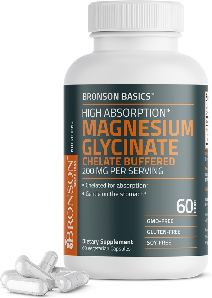Bronson Magnesium Glycinate 200mg High Absorption Chelated Buffered Gentle On The Stomach Non-GMO, 60 cápsulas vegetarianas