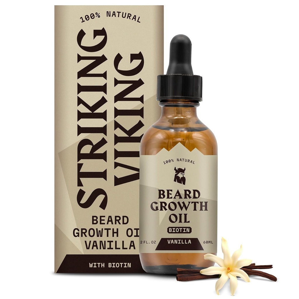 Aceite de crecimiento de la barba vikinga con biotina - 2 Fl Oz, vainilla - adelgazamiento, acondicionamiento Biotin Beard Oil Serum para hombres con Argan & Jojoba - Facial Hair Growth Serum para hombres