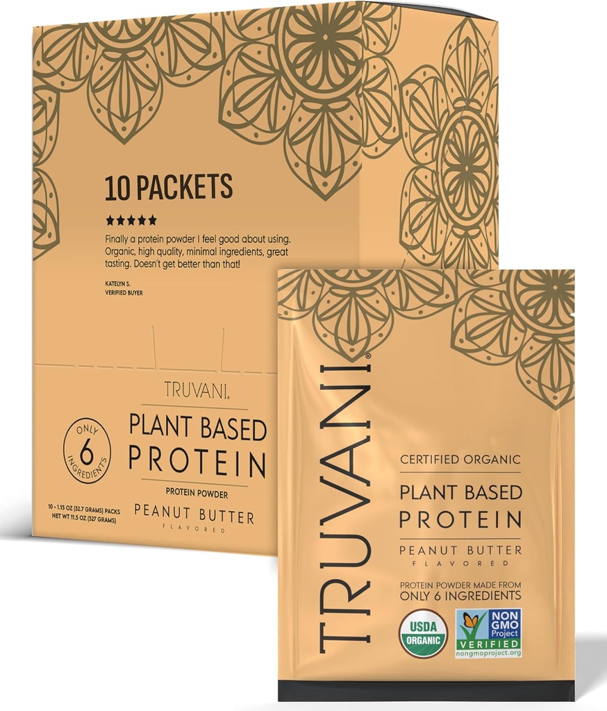 Truvani Vegan Pea Protein Powder ← Mantequilla de maní tóxica 20g Orgánica Proteína basada en la planta tóxica Única Sirviendo Packets de Viaje Silencio 10 Servings ← Keto  durable Gluten & Dairy Free Silencio Bajo Carbo Silencio No Añadido Sugar