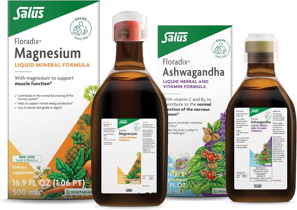 Floradix by Salus Magnesium (16.9 oz) " Ashwagandha Liquid (8.5 oz) Bundle - Magnesium for Bone Support, Digestive Health " Más* - Ashwagandha, Vitamina C, Vitamina B12 " More for Stress Support*
