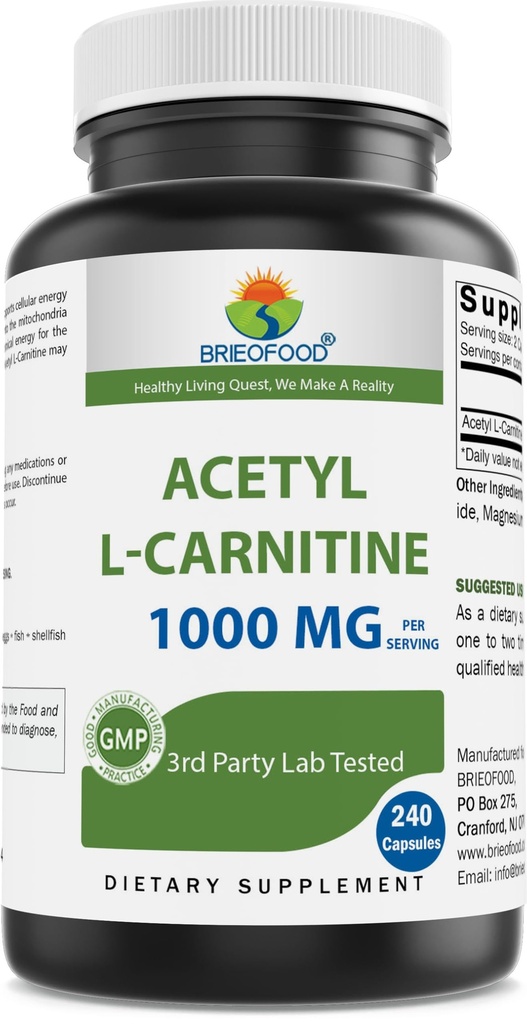 Brieofood Acetyl L-Carnitine 1000 mg Por Serving- 240 cápsulas. Libre de gluten, no GMO.