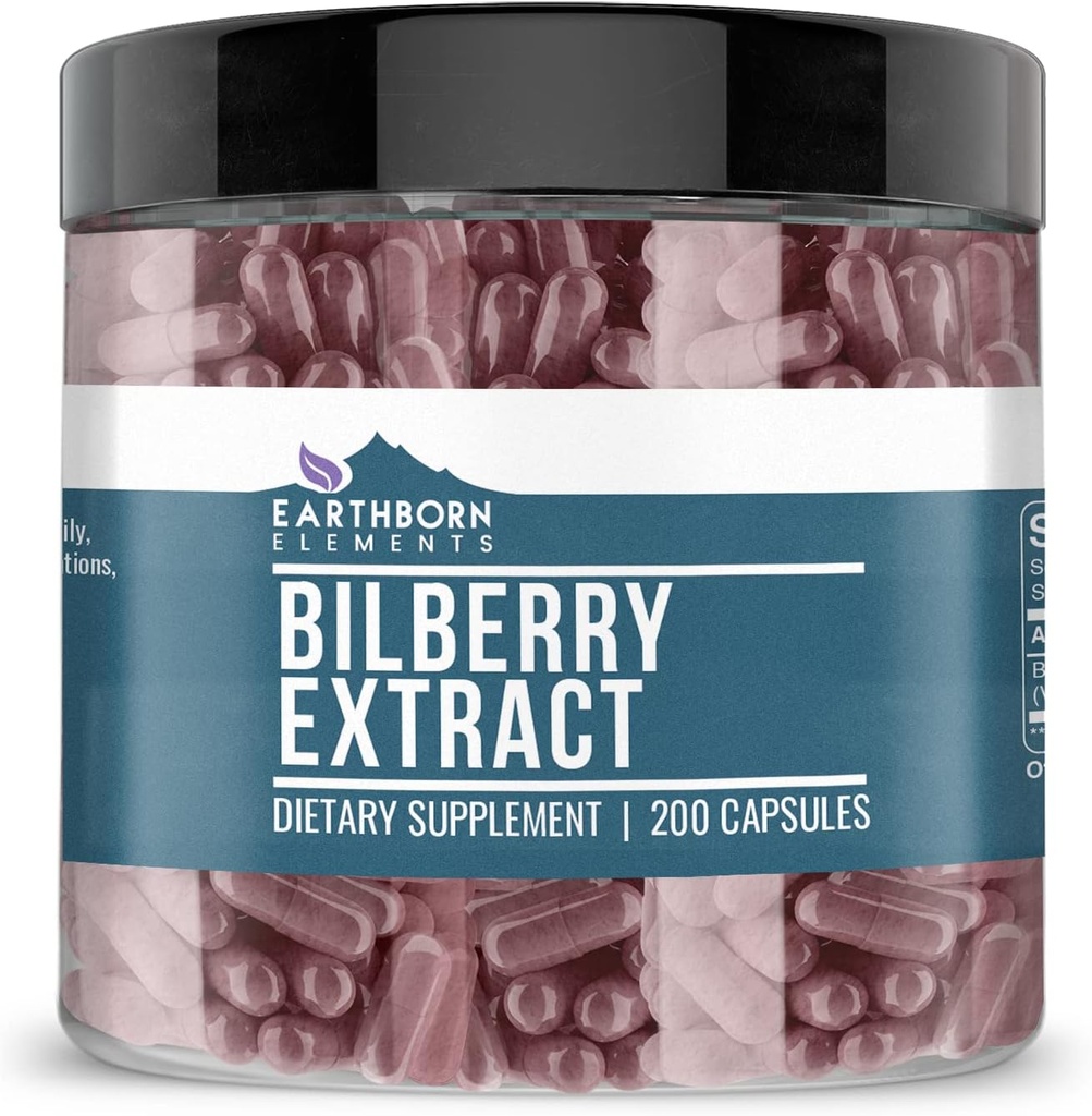 Earthborn Elements Bilberry Extract 200 Capsules, Pure & Undiluted, No Additives