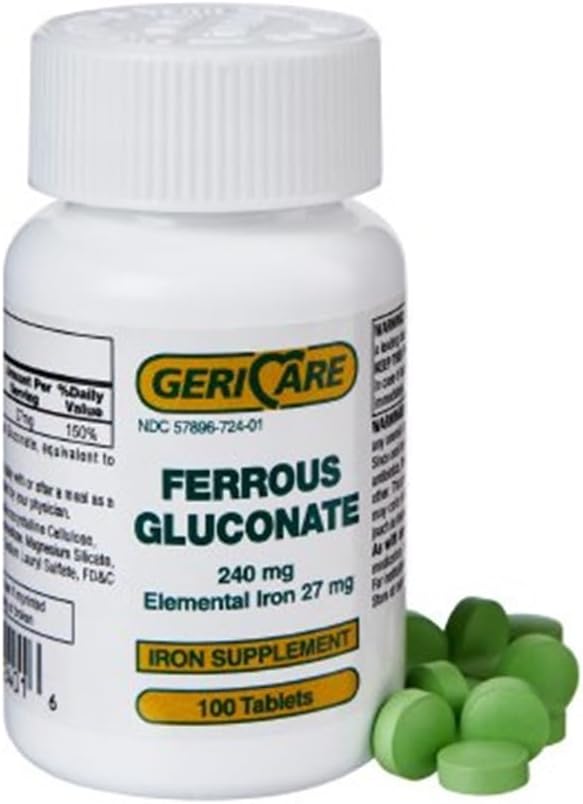GeriCare Ferrous Gluconate 240mg 100 Tabletas Cada (Pack de 6)