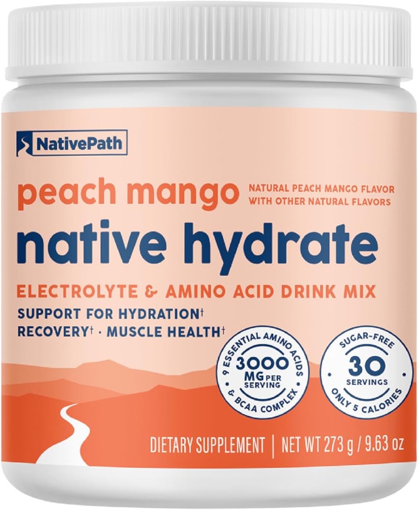 Hidrata NativaPath, Sugar Cero, Electrolitos Polvo con BCAAs, Hidratación Mango Peach, Keto & Paleo Friendly, 30 Servimientos