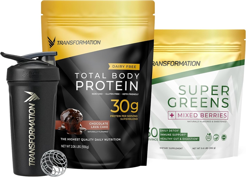 Transformation Chocolate Protein Powder, Super Greens Superfood Green Juice Powder y Performance Aislante Shaker Botella