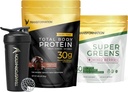 Transformation Chocolate Protein Powder, Super Greens Superfood Green Juice Powder y Performance Aislante Shaker Botella