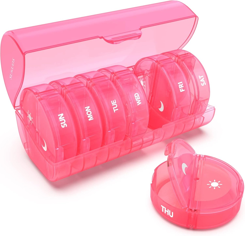 Organizador semanal de píldoras 7 días 2 veces al día, Sukuos gran caja de carga de viaje para píldoras/Vitamin/Fish Oil/Supplements, Daily Medicine Organizer Box, BPA Free Pill Case, Easy to Clean