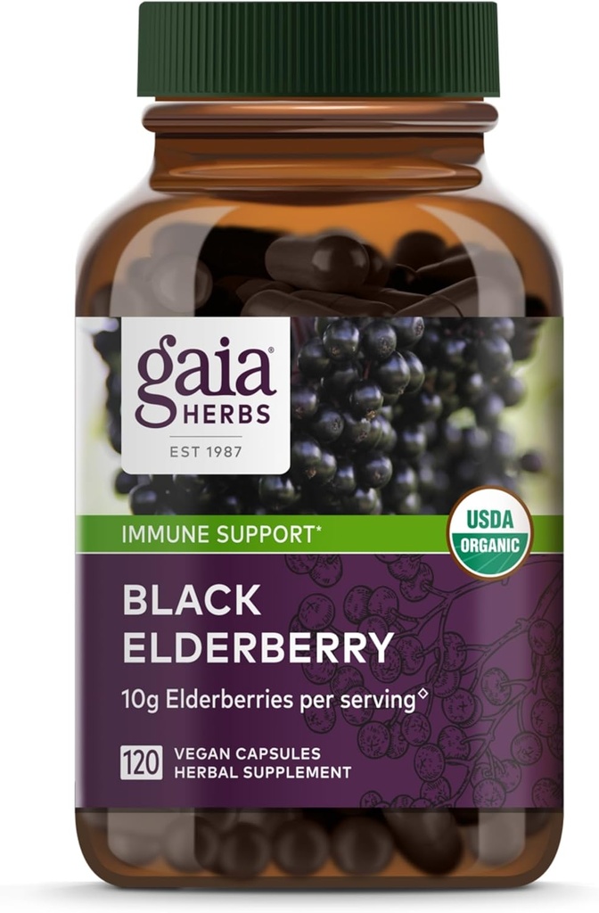 Gaia Herbs Black Elderberry - Daily Immune Support Supplement to Help Support Wellness - with Black Elderberries " Acerola Fruit for Antioxidant Support* - 120 Vegan Capsules (60-Day Supply)