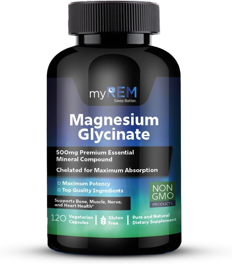 Magnesium Glycinate, 500mg Premium Essential Mineral Compound, Chelated for Maxium Absorbtion, Supports Bone, Muscle, Nerve y Heart Health (60 Servings)