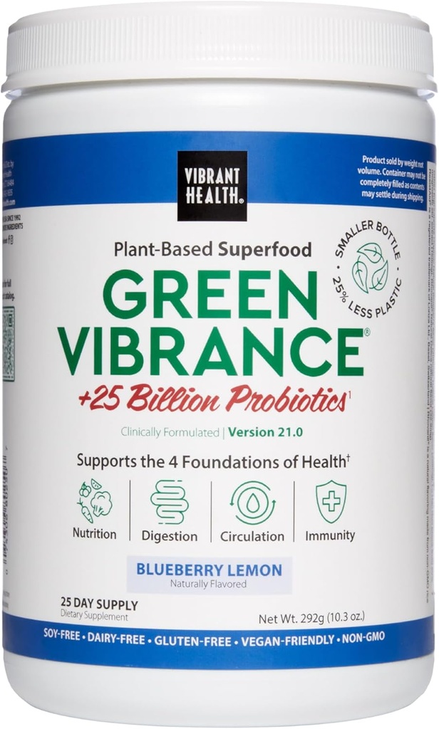 Vibrant Health, Green Vibrance, Superfoods Powder con más de 70 alimentos integrales basados en plantas " 25 probióticos de billón por ser, Blueberry Lemon, 25 servicios