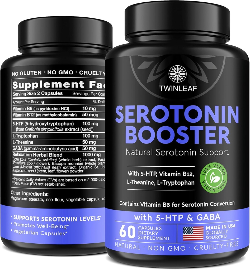 Suplemento natural de serotonina - Hecho en EE.UU. 5HTP Serotonin & Cortisol Manager - Serotonin Booster Vitamin Suplemento para Mujeres con 5-HTP, Vitamina B6, B12, GABA, L Theanine, L Tryptophan - 60 cápsulas