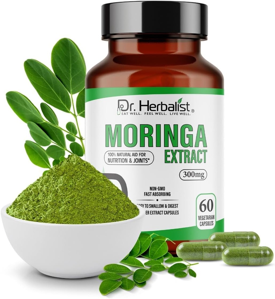 Dr. Herbalist Moringa Oleifera Extracto 300mg - 60 cápsulas Vegan Silencio 10:1 (3,000mg Raw Leaf Eq) Silencio Max Strength Superfood Suplemento
