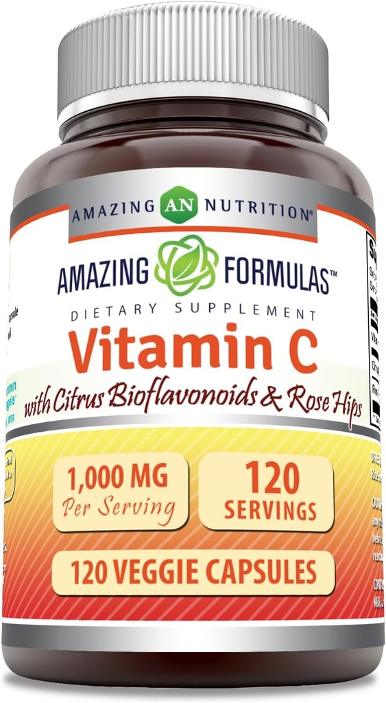 Fórmulas asombrosas Vitamina C (Acid acúsbico) 1000 Mg con Rosa HIPS & Citrus Bioflavonoids ← Veggie Capsules Suplemento ← Non-GMO TEN Gluten Free ← Made in USA (120 Conde)