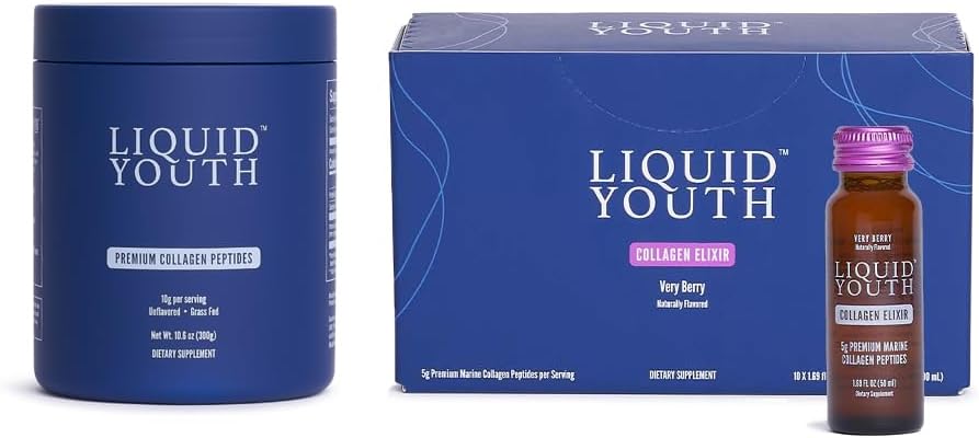 Collagen Peptides Powder &amp; Very Berry Liquid Collagen Shots for Women &amp; Hombre - Tipo I & III Premium Grass-fed Bovine & Marine Collagen - for Hair Growth, Skin, Nail, Bone & Joint Health (40 Servings)