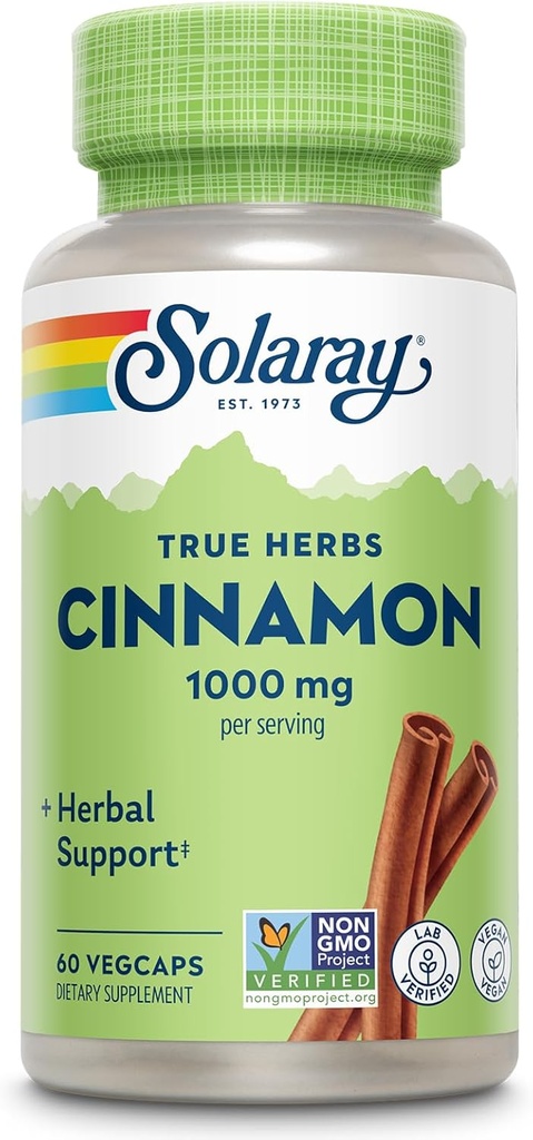 SOLARAY True Herbs Cinnamon Bark 1000mg - Suplementos de canela terrestre - Apoyo herbario para el bienestar general - Proyecto no GMO Verificado - Capsules veganos, Garantía de 60 días - 30 Servimientos, 60 VegCaps