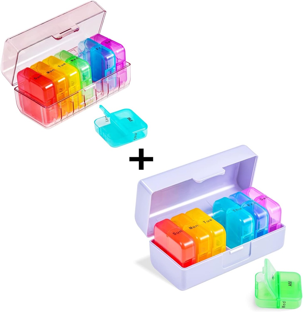 Zoksi Organizador semanal de píldoras 2 veces al día, Rainbow 7 Day Am Pm Pill Box, Daily Am Pm Pill Organizer 7 Day, Portable Vitamin Pill Case, Weekly Pill Box for Fish Oils, Vitamina, Suplemento (2 Pack)