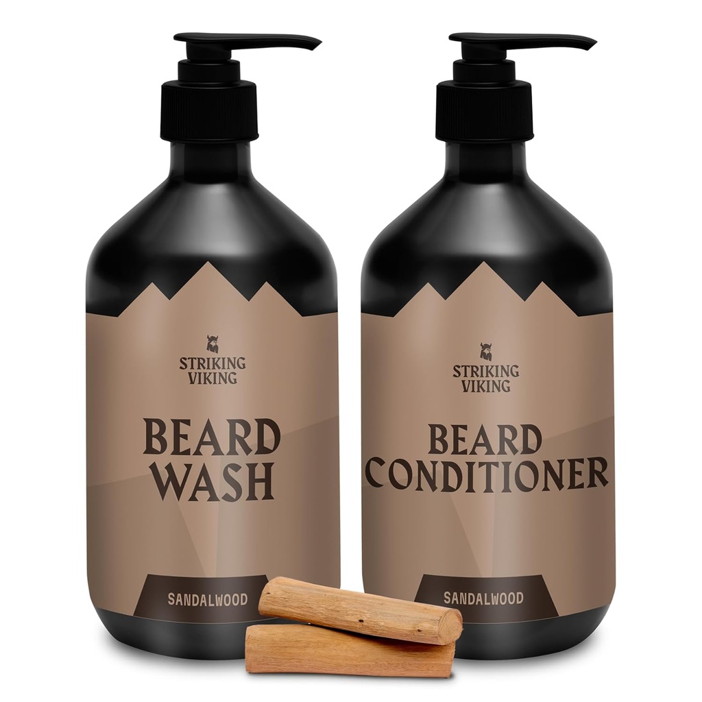 Striking Viking Beard Care Set (Sandalwood) - Paraben &amp; Sulfate Free Shampoo with Jojoba Oil - Deep Clean for All Beard Types (10oz Por Bottle)