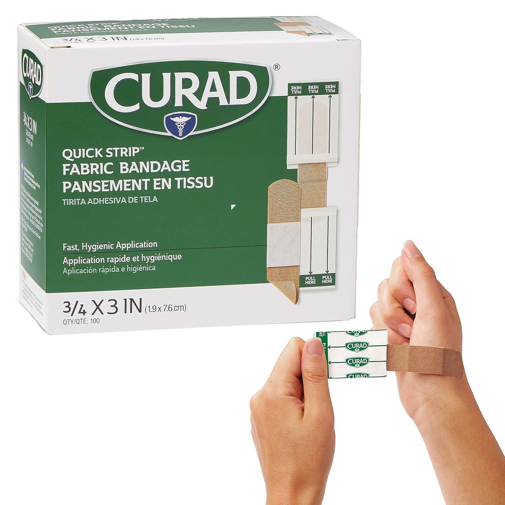 CURAD Quick Strip Fabric Adhesive Sterile Bandages with Fast Application, 3/4" x 3", Box of 100