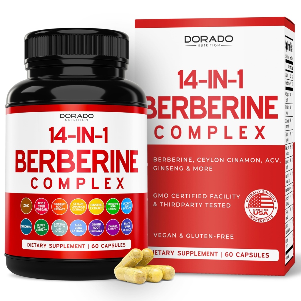 GLP-1 Suplemento 14 en 1 Fórmula (GLP1 Suplemento con Berberina, ACV, Cromo, Ceilán Canela, Turmeric &amp; More) Apoyo Gut Health &amp; Metabolism - Tercer Partido Probada, Vegan Safe &amp; USA Made