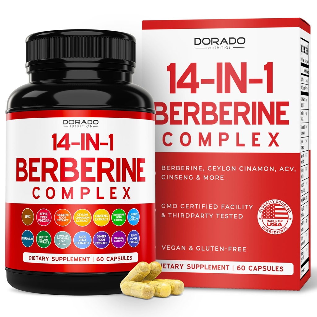 GLP-1 Suplemento 14 en 1 Fórmula (GLP1 Suplemento con Berberina, ACV, Cromo, Ceilán Canela, Turmeric &amp; More) Apoyo Gut Health &amp; Metabolism - Tercer Partido Probada, Vegan Safe &amp; USA Made