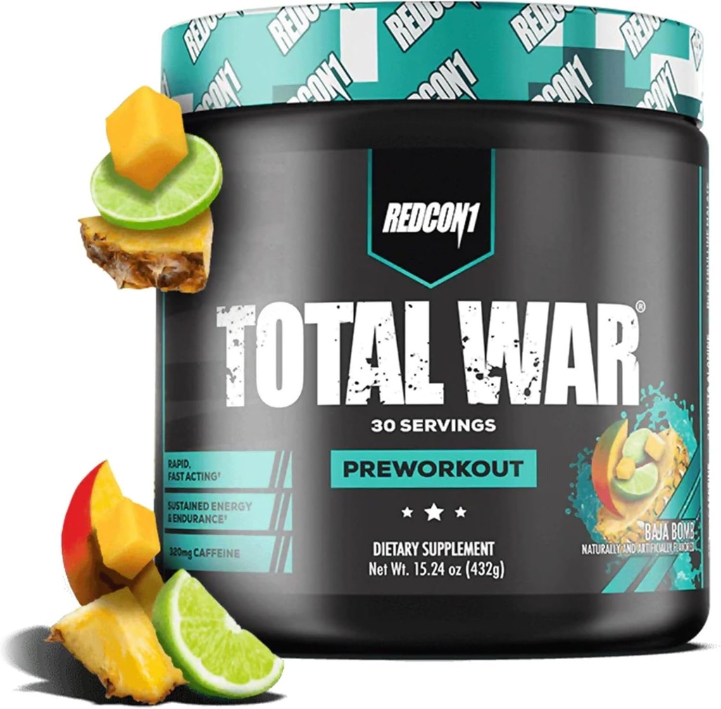 REDCON1 Total War Pre Workout, Baja Bomb - Beta Alanine + Citrulline Malate Keto Friendly Preworkout for Men &amp; Women with 320mg of Caffeine - Fast Acting (30 Servings)