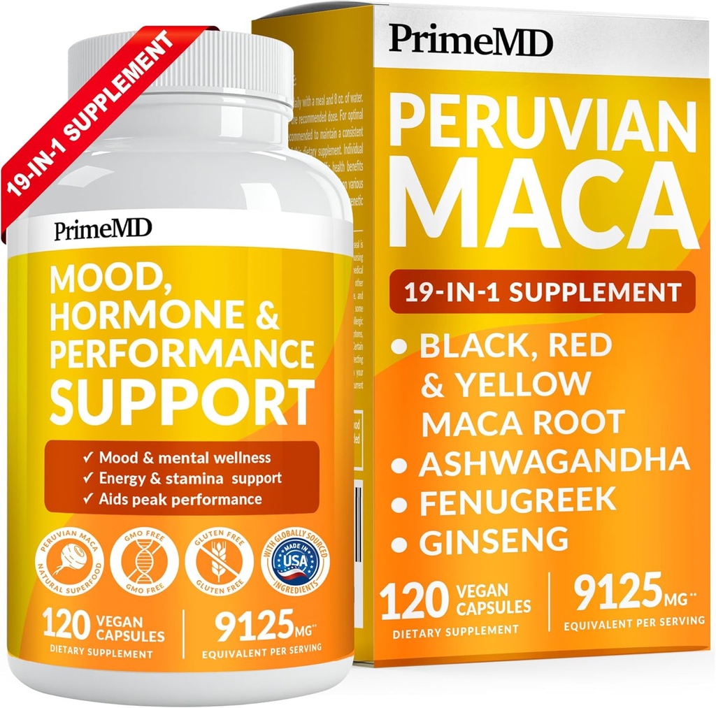 PrimeMD 19-in-1 Cadenas de raíz de Maca Peruana - 9125 mg Ashwagandha Suplementos con Maca Fenugreek y Ginseng para Mood, Hormona & Performance Support (120 cápsulas)