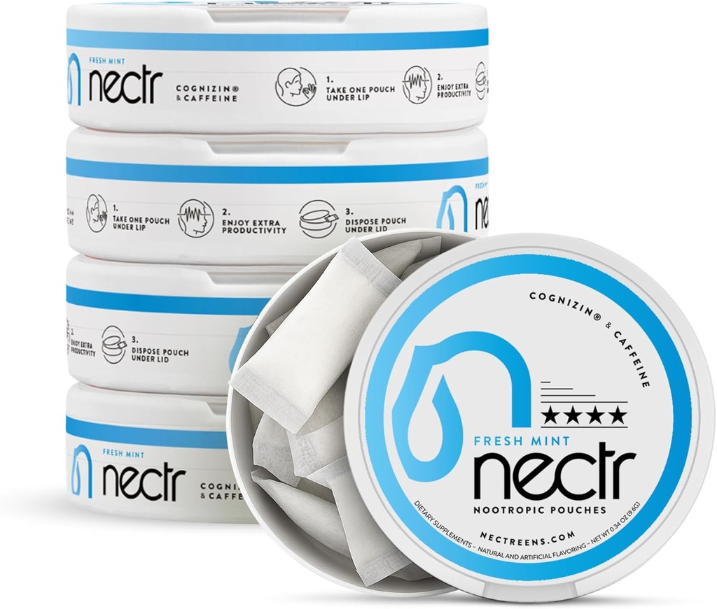 Nectr Energy Nootropic Pouches – Fresh Mint Flavored, Caffeine Pouches with Cognizin® Citicoline. Treats de Cerebro Libre de Azucar. Smooth, Sustained Focus & Energy Supplement - 5 Pucks of 16pcs
