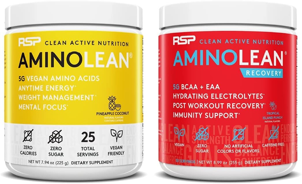 RSP NUTRITION Vegan AminoLean Pre Workout Energy (Pineapple Coconut 25 Servings) con AminoLean Recovery Post Workout Boost (Tropical Island Punch 30 Servings)