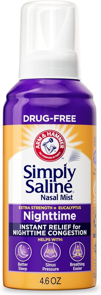 ARM " HAMMER Simplemente Saline Nighttime Drug-Free Mist for Nasal Congestion at Night, Extra Strength, Calming Eucalyptus, Safe to Use with Rx and OTC, For Adults and Kids Ages 2+, 4.6 oz (129 g)
