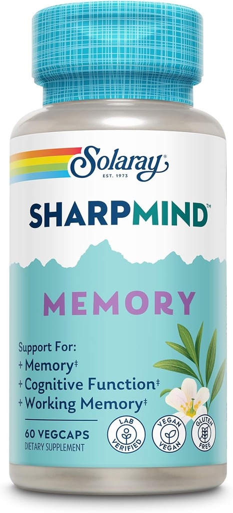 SOLARAY SharpMind Memory Formula - Suplementos cerebrales para la memoria y el foco - Cognivia, Gotu Kola &amp; Chaga Mushroom Suplemento - Ginkgo Biloba Alternativa - Garantía de 60 días - 30 Servimientos, 60 VegCaps