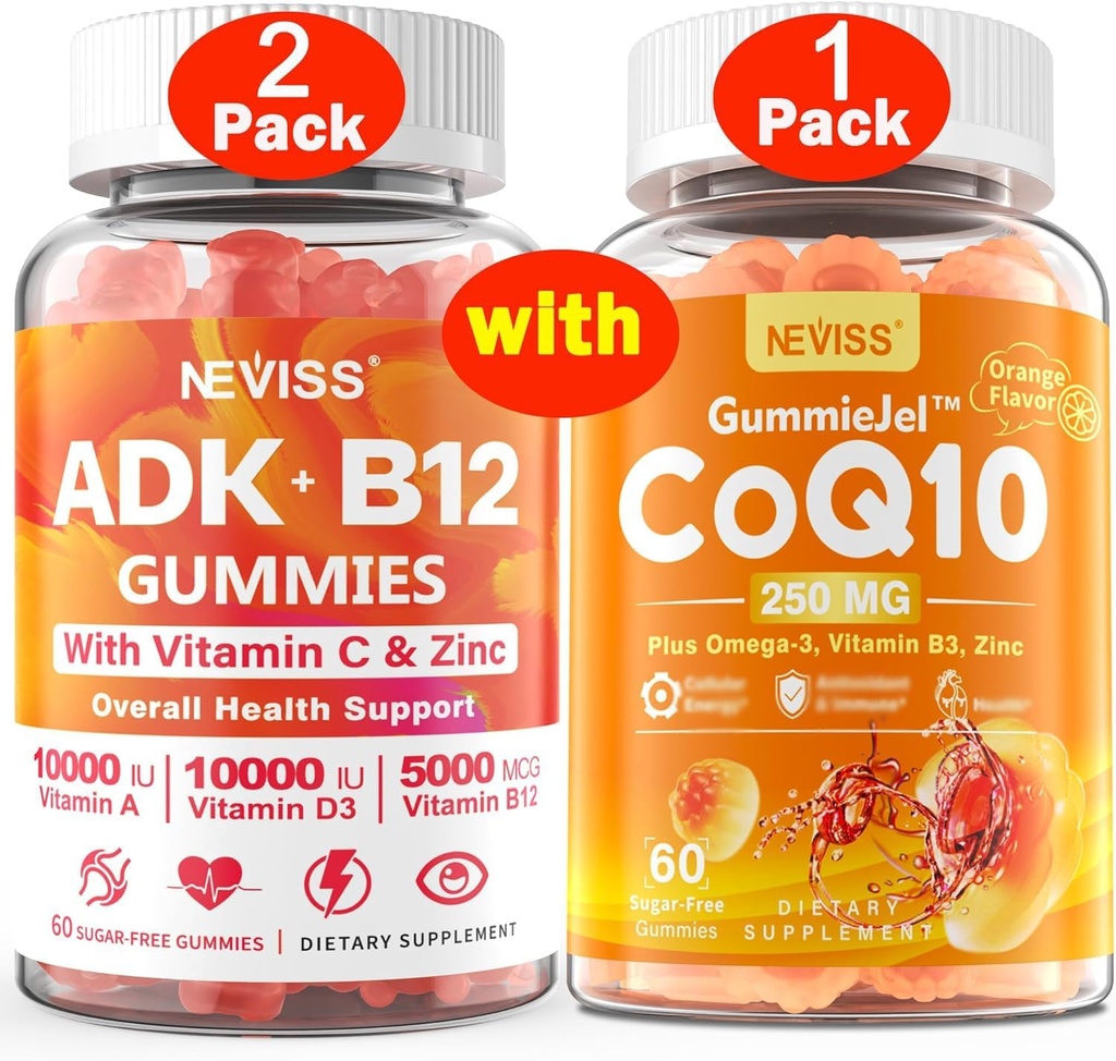 NEVISS 2Pack Vitamina ADK con B12 Gummies + 1Pack CoQ10-250mg Mangas llenas