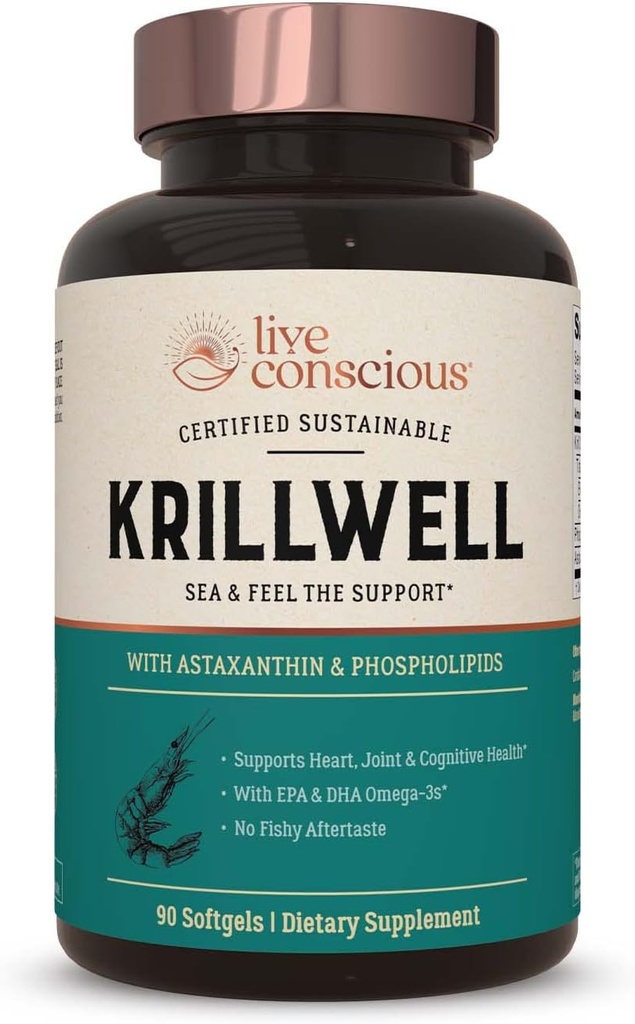 Live Conscious KrillWell, Joint, and Cognitive Support ¦ Certified Sustainable Krill Oil 2X More Effective Than Fish Oil - 30 Day Supply