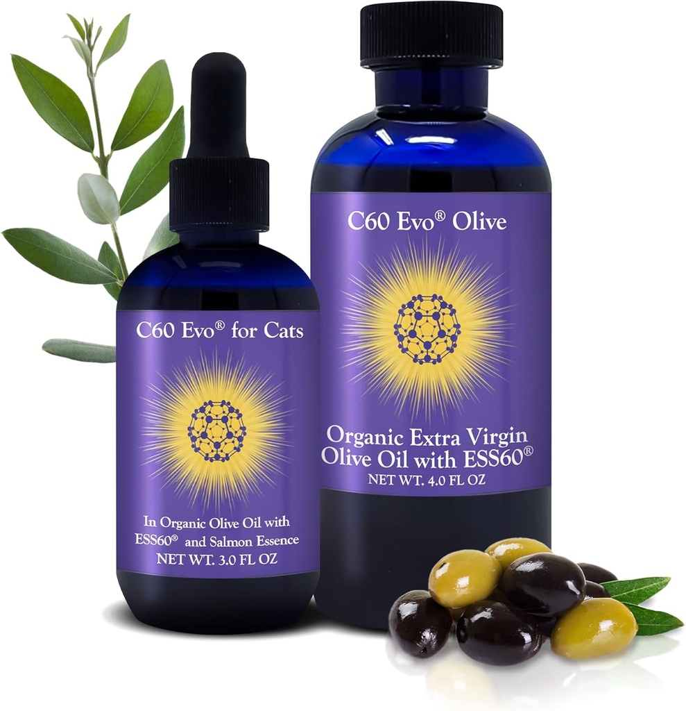 C60 Evo Cat Lover Set, 2 Botellas de Puro ESS60 en Aceite de Oliva Virgen Extra, 1 para Humanos y 1 para Felines, Suplementos Gatos Infundidos con Esencia Natural Salmón, Necesidades-Have Pet Supplies y Cat Products