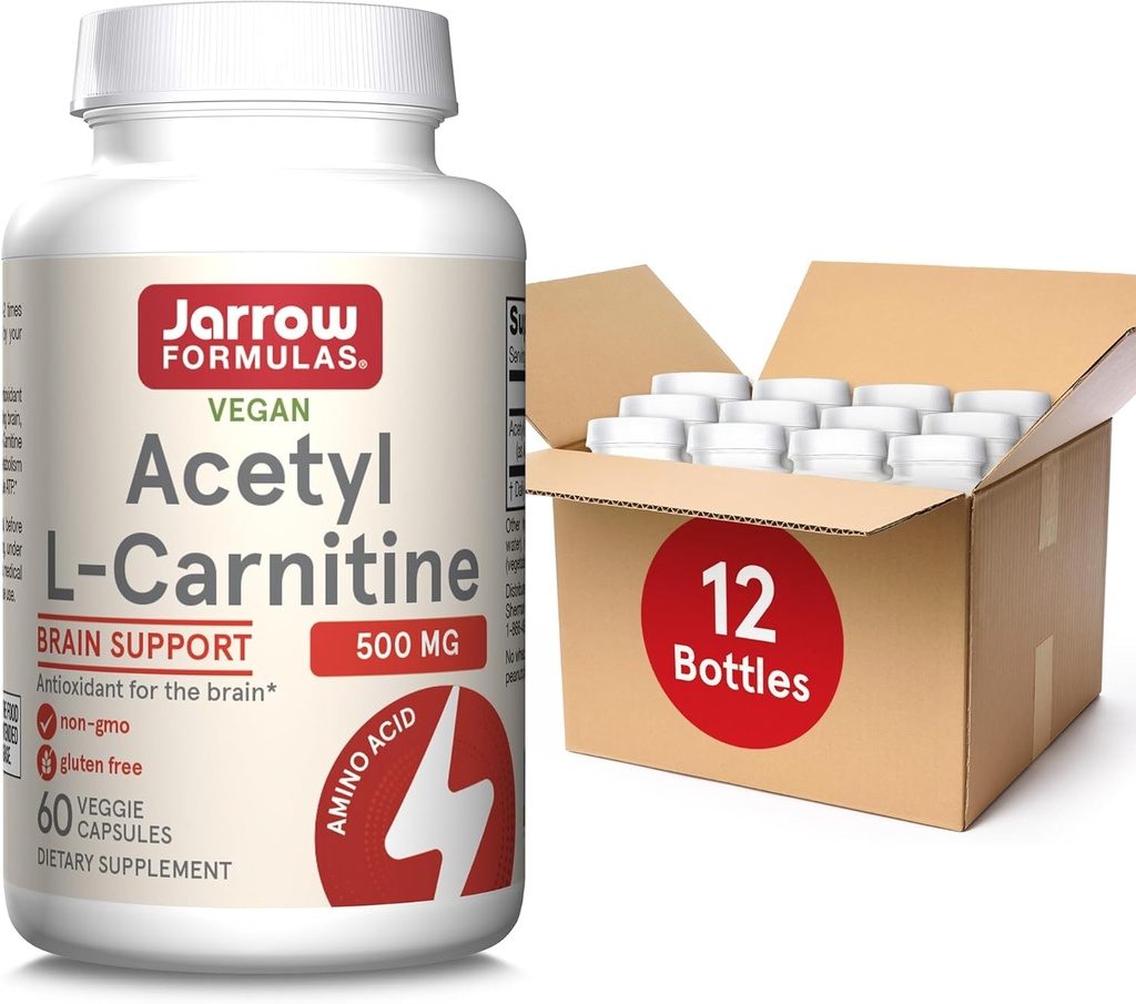 Jarrow Formulas Acetyl L-Carnitine 500 mg, Suplemento dietético, Amino Acid Support for Brain Health and Antioxidants, 60 Veggie Capsules, 60 Day Supply(Pack of 12)