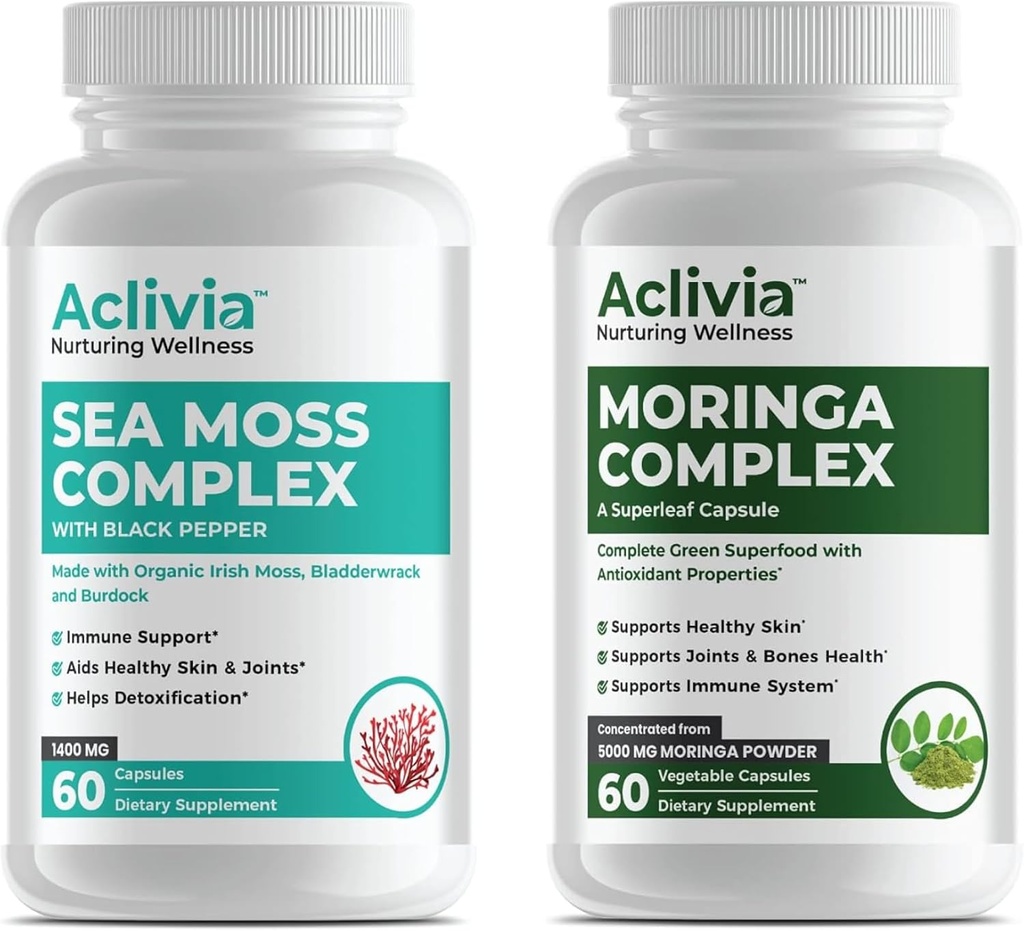 Organic Irish Sea Moss " Moringa Bundle - Sea Moss Capsules with Bladderwrack, Burdock Root " BioPerine + Oleifera Leaf " Seed Extract 5000mg - Complejo Superalimentario Complejo - 60 Cuenta cada uno