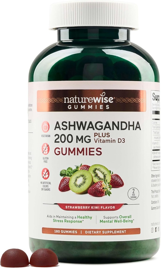 NatureWise Ashwagandha Gummies - Strawberry Kiwi - KSM-66 con Vitamina D3 - Mood Calming Support - Vegetarian - Non-GMO, Gelatin y Gluten Gratis - 180 Conde[3-Month Supply]