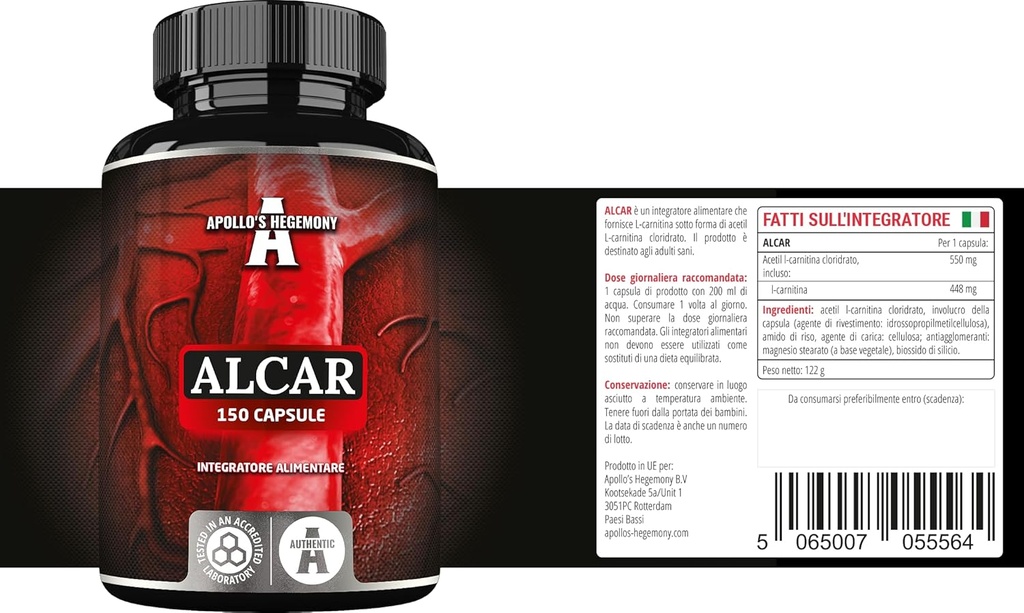 APOLLO'S HEGEMONY Acetyl L-Carnitine HCL 550 mg, ALCAR 150 cápsulas Vegan, 5 meses de suministro, suplemento de aminoácidos de alta resistencia, soporta funciones cognitivas " niveles de energía
