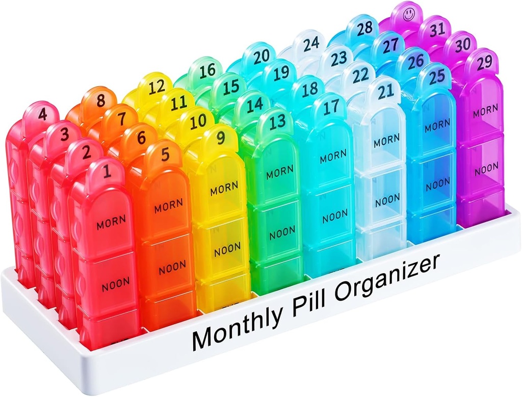 Zoksi Organizador Mensual de Pill 3 veces al día, un mes de caja de píldoras Organizador Morn-Noon-Eve, 30 Day Pill Case for Travel, 31 Day Medicine Organizer with 32 Removable Compartments for All Meds