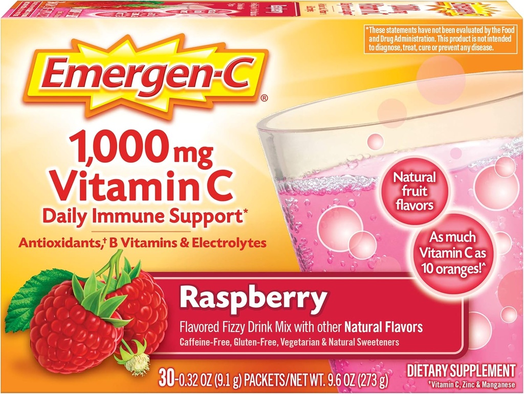 Emergen-C (30 conde, sabor de frambuesa, 1 mes de suministro) Suplemento dietético mezcla de bebidas con 1000 mg de vitamina C, 0.32 paquetes de onda, cafeína gratis