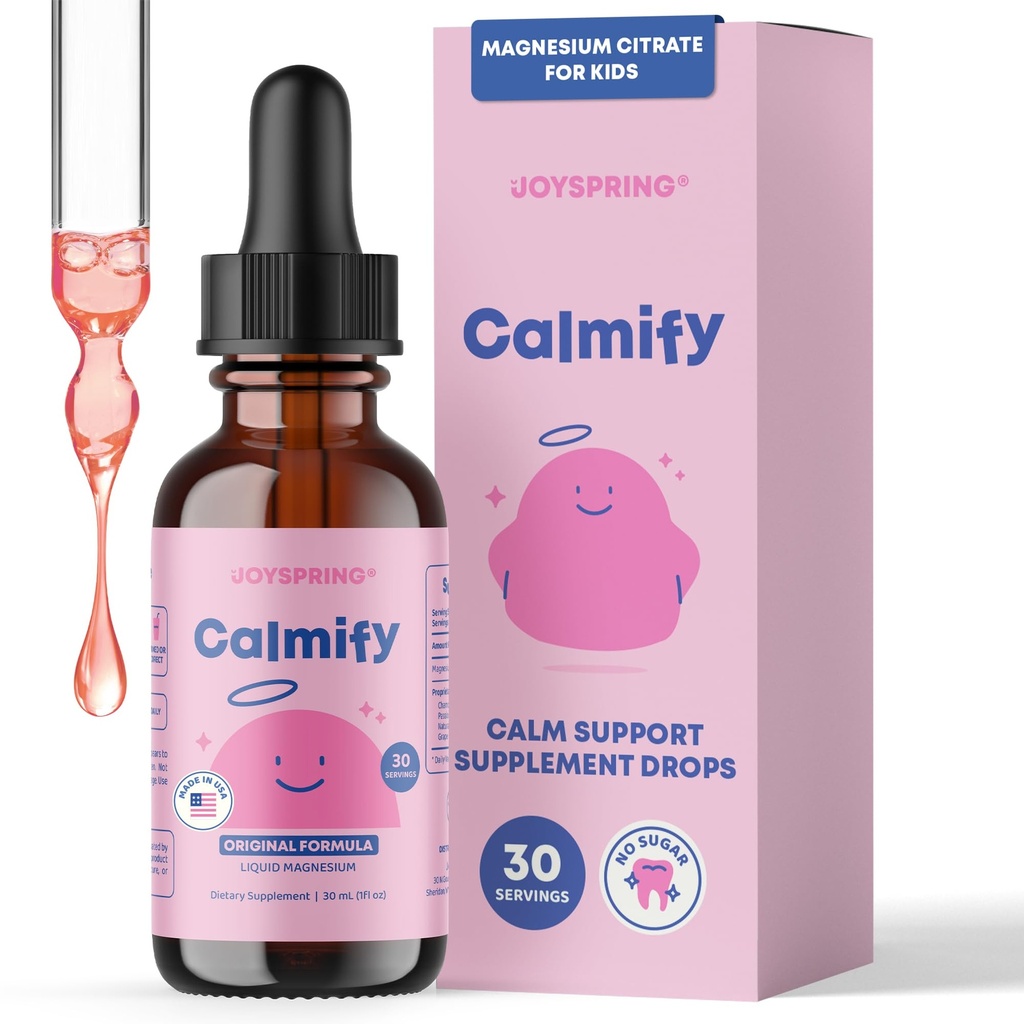 JoySpring Calmify Magnesium Citrate Liquid for Kids - Suplemento de calma sin azúcar y sin gluten con manzanilla - Soporte natural para niños y adolescentes (1 fl oz) 30 Servimientos