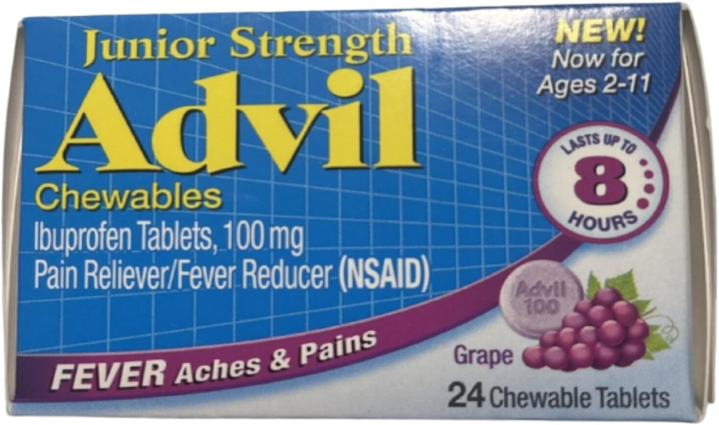 Advil Junior Chewable Ibuprofen Tablets, Grape 100mg, 24 Tablets Cada (Pack of 4)
