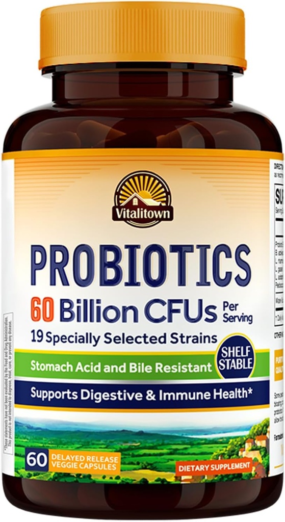 Probióticos de Vitalitown + Prebióticos TEN 60 Billones CFUs 19 Strains TEN 60 Delayed Release Veg Caps ← Shelf Stable, Prebióticos y Probióticos ← Salud Digestiva, Salud Inmunitaria ANTE Vegan, No GMO, No Dairy